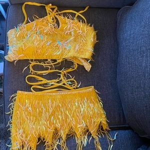 Yellow hot chili beaded sequined 2 piece jazz dance costume / rave set